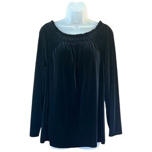 Kathie Lee Vtg 90s Y2K Black Velvet Smocked Neck Top Long Sleeve Sz M Witchy